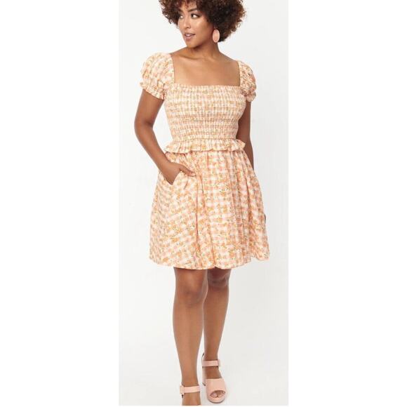 Unique Vintage Smak Parlor Peach Gingham Dress Small 4 - Picture 2 of 8